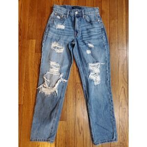 Aeropostale Mom Jeans Womens 0 Medium Wash Distressed‎ Shredded Denim High Rise